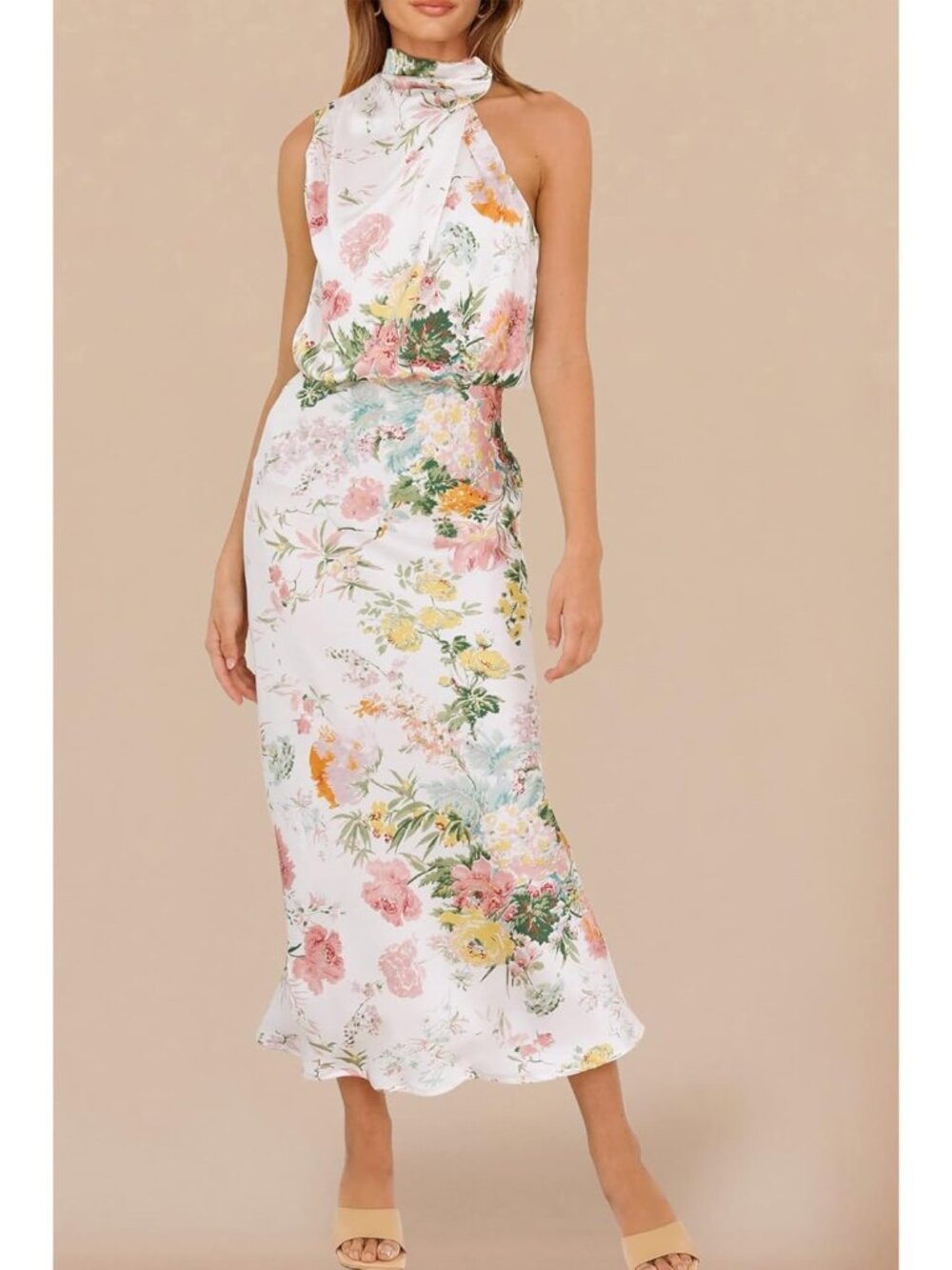 Women Print White Summer Satin Elegant Sleeveless Mock Neck Cocktail Maxi Dress - Picture 2 of 5